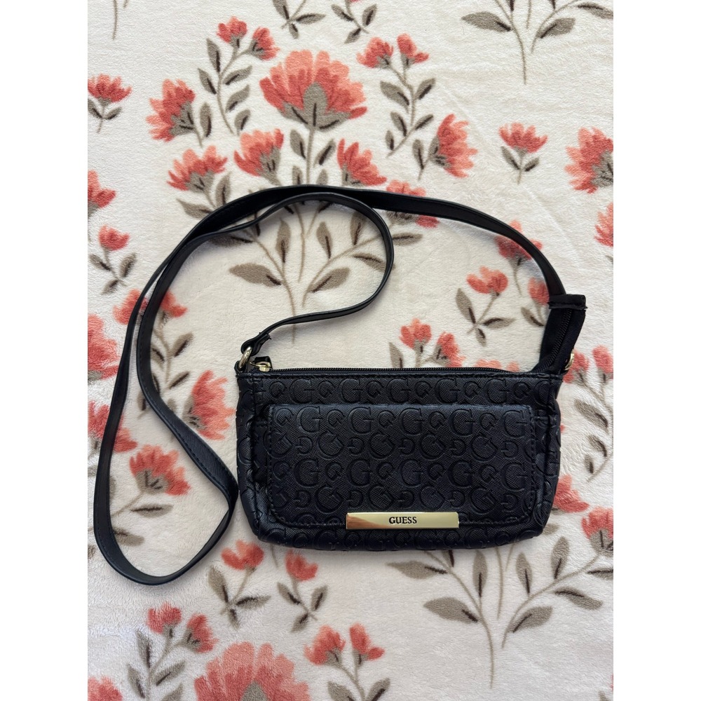 Guess Black Embossed Logo Crossbody Bag Zip Top Gold Tone Hardware Mini Bag